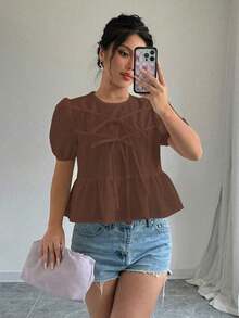 Blusa de verano de mujer con cuello redondo, manga corta abullonada, lazo y volante en la cintura - Café integral - Ver 6