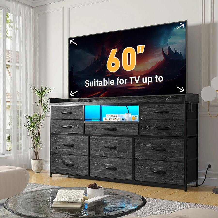 EnHomee 11 Drawers 60" TV Stand Dresser With LED Lights & Charging Station Fabric Chest Of Drawers With Shelves & 4 Hooks,Black Cloth Drawer Storage Cabinet - Xem 1