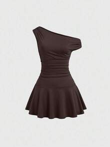 Vestido mini de unicolor con cuello asimétrico elegante para uso diario para mujer - Cafetería - Ver 7