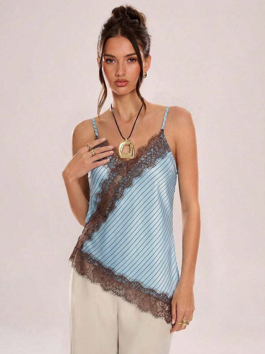 Camiseta de tirantes asimétrica con entramado de encaje transparente - Multicolor 3 - Ver 1