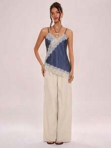 Camiseta de tirantes asimétrica con entramado de encaje transparente - Azul marino - Ver 5