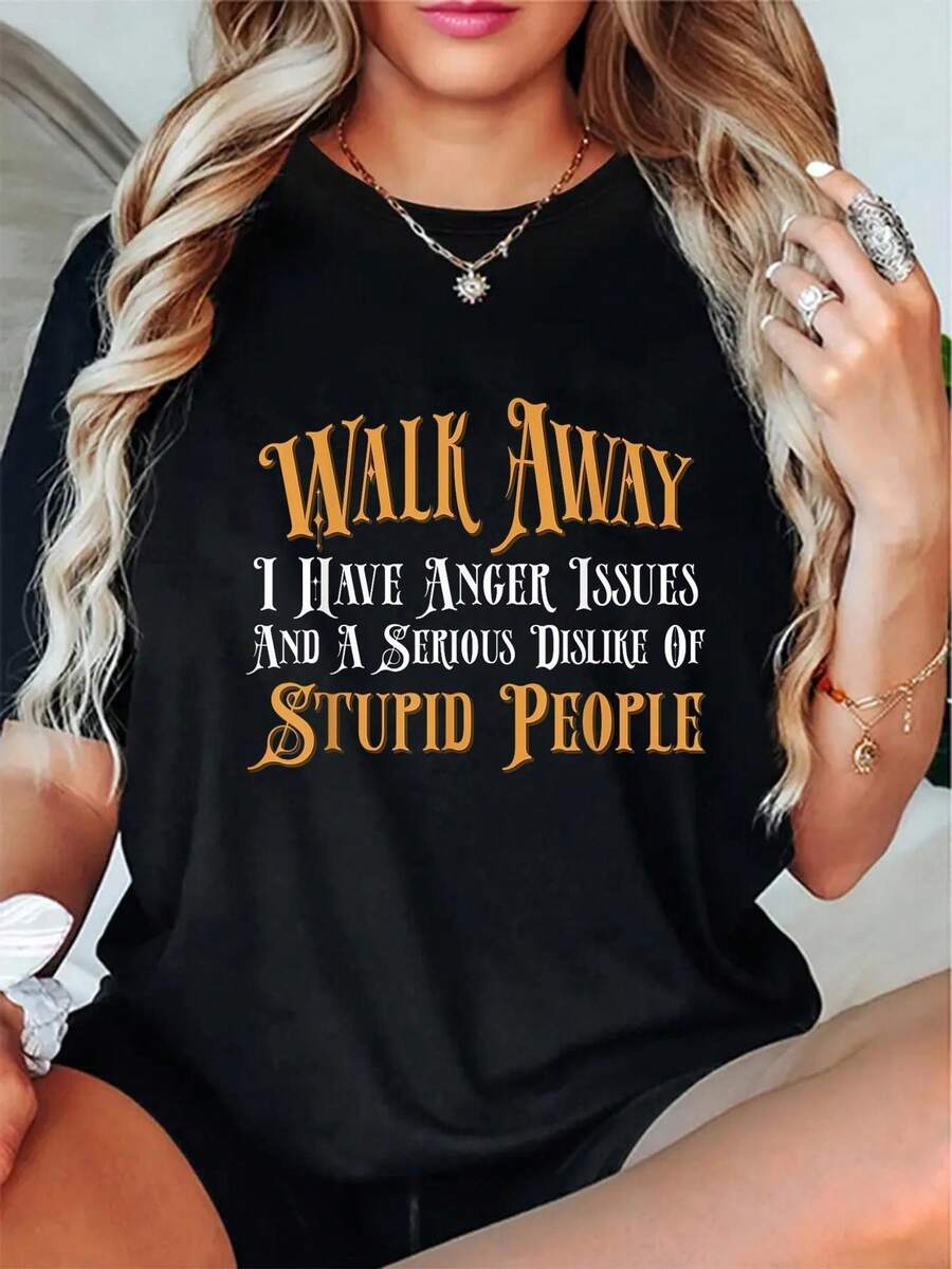 Talla Grande - Talla Grande - Camiseta de Mujer de Talla Grande con Frases Sarcásticas Drtidas | Walk Away I Have Anger Issues & Stupid People Camiseta con Estilo Audaz - Camiseta Suave para el Día a Día con Letras Naranjas - Top Casual Lavable a Máquinara Mujer, Camiseta de Cuello Redondo