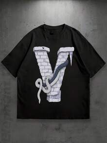 Unisex Pure Cotton T-Shirt, Edgy Snake And Brick Wall Letter Graphic T-Shirt - Unique Streetwear Style Tee With Stylized Design Featuring Wrap Blue And White Snake Icicle Detail And Eye Accent - Perfect For Casual Outings, Urban Fashion Enthusiasts, And  Summer Wear. Summer T-Shirt, Summer Clothes For Women, Men's Summer Outfit, Women's Shirt, Creative Design, Outdoor Play, Cool Style, Fun Design, Great For Outdoor Play - Black - View 1