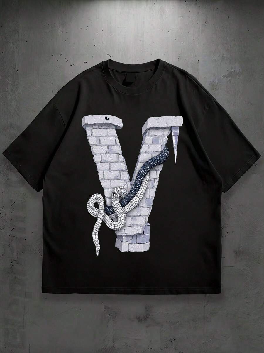 Unisex Pure Cotton T-Shirt, Edgy Snake And Brick Wall Letter Graphic T-Shirt - Unique Streetwear Style Tee With Stylized Design Featuring Wrap Blue And White Snake Icicle Detail And Eye Accent - Perfect For Casual Outings, Urban Fashion Enthusiasts, And Summer Wear. Summer T-Shirt, Summer Clothes For Women, Men's Summer Outfit, Women's Shirt, Creative Design, Outdoor Play, Cool Style, Fun Design, Great For Outdoor Play - Black - View 1