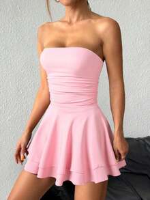 Vestido corto sexy tipo bandeau con estampado de leopardo y falda con volantes en capas - Rosa - Ver 5