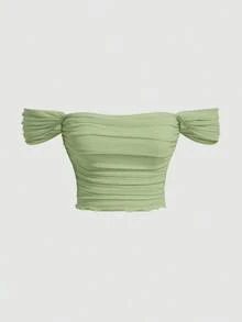 Top de hombros descubiertos fruncido de malla - Verde lima - Ver 1