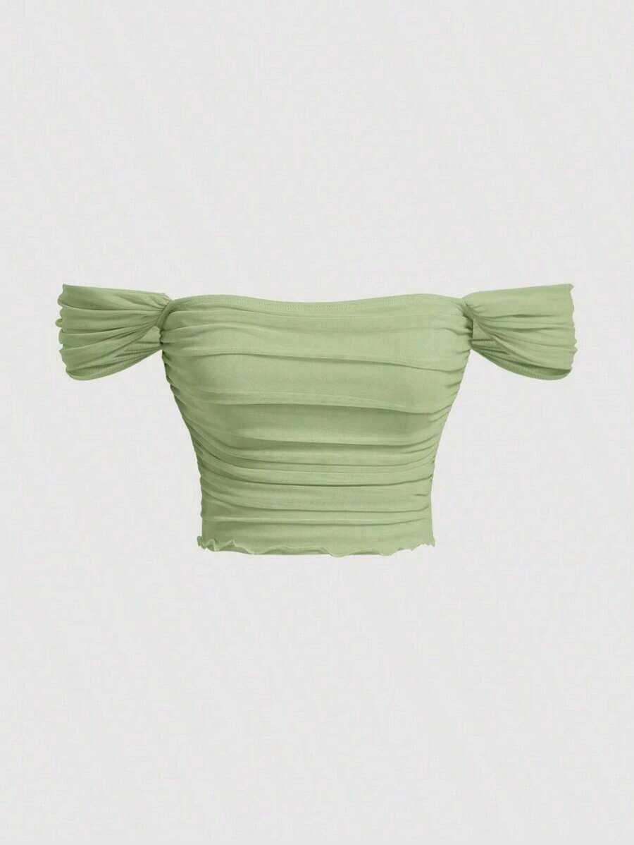 Top de hombros descubiertos fruncido de malla - Verde lima - Ver 1