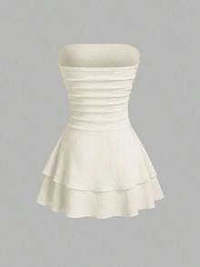 Vestido mini de punto sin tirantes de unicolor minimalista para mujer, vestido de pastel de múltiples capas - Beis - Ver 2