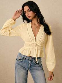 Camisa casual de mujer de unicolor con cuello en V y detalle de nudo en la parte delantera, de manga larga - Amarillo claro - Ver 4