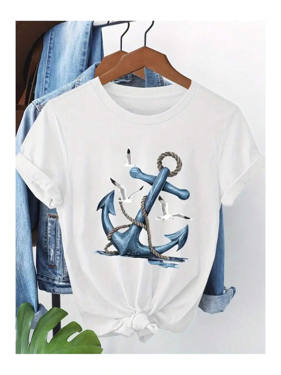 Çapa & Martı Special Design Printed Women'S-ShirtLoose And Comfortable - White - View 1