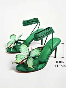 2026 Thailand Niche 3D Butterfly & Flower Decor Sandals, French Style Pointed Toe High Heel Shoes For Summer - Green - View 7