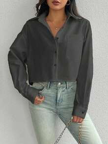 Camisa casual de manga larga con bolsillo, de ajuste suelto y hombros caídos, de unicolor, para primavera/verano, Top de manga larga - Gris Oscuro - Ver 5