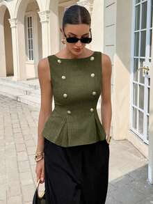 Blusa elegante sin mangas con cintura ceñida para uso diario, verano - Verde militar - Ver 7
