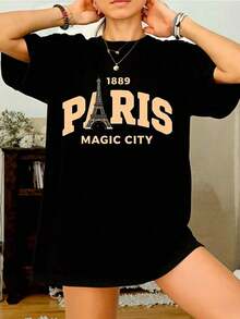 Women's T-Shirt With Paris Eiffel Tower Print Magic City 1889, Black Cotton Short Sleeve T-Shirt, Casual French Style For Daily Wear/Vacation. - 黑色 - 查看 6