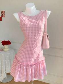 Vestido casual y elegante con textura de crepé, volantes en el bajo y sin mangas, a cuadros, ideal para el Día de San Valentín - Rosa Pálido - Ver 3