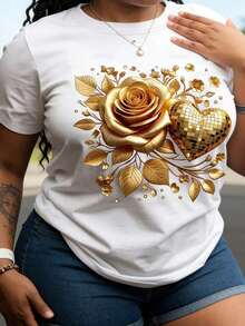 Women's T-Shirt 100% Cotton Retro Bright Yellow With Gold And Pink Heart Print, Short Sleeve, Round Neck, Gold Leaf Design, Machine Washable, For Valentine's Day, Spring And Summer. - White - View 7