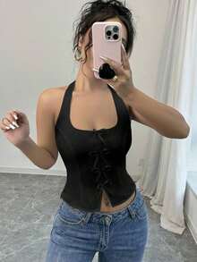 blanca elegante y ajustada con cuello de lazo para volver al colegio - Negro 2 - Ver 4