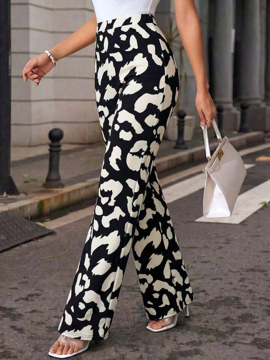 Pantalones elásticos de punto con estampado de cuadros elegantes para mujer, adecuados para varias ocasiones, como vacaciones de verano, viajes elegantes y uso diario - Blanco y Negro 2 - Ver 1
