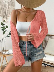 Cárdigan de punto calado de color liso casual para vacaciones - Rosado Sandía - Ver 4