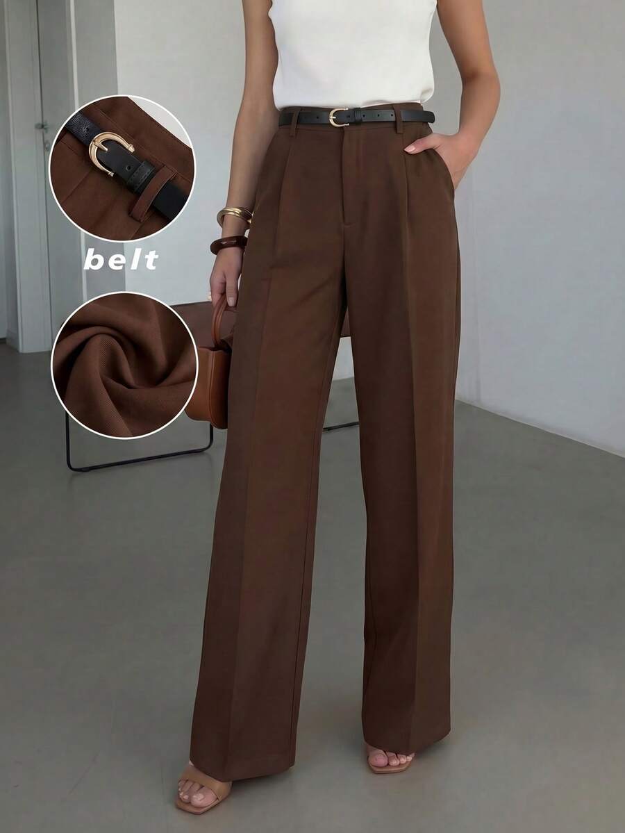 Women's Elegant High-Waisted Wide-Leg Pants With Pleated Details, Coffee Color, Essential For Commuting And Everyday Wear (With Belt) Spring - Coffee Brown - View 1