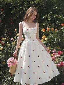 Vestido de longitud media con cintura fruncida y bordado floral para mujer - Rojo y blanco - Ver 3