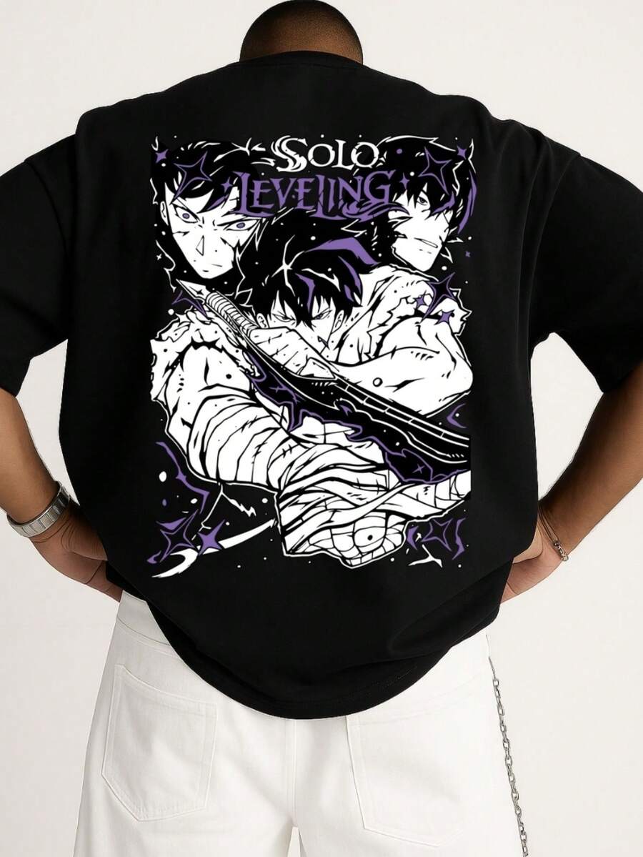 Camiseta Vintage con Estampado de Anime para Hombre - Camiseta Unisex para Entusiastas de los Cómics, con llamativos diseños de personajes de anime, camiseta de manga corta de algodón negro con cuello redondo, adecuada para todas las estaciones, camiseta con estampado vintage. - Negro - Ver 1