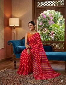 Estationeryhouse Chiffon Printed Saree With Single Stripe, Blosue Not Included - HotPink/Orange - View 2