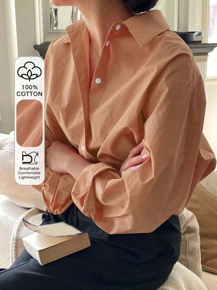 Camisa holgada de mujer de unicolor, de manga larga y de abotonadura sencilla - Naranja Coral - Ver 1