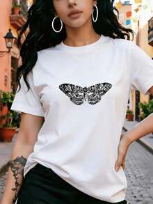 Women's T-Shirt With Leopard And Butterfly Print, Soft Round Neck, Wide Neckline, Machine Washable At Any Temperature, Urban Retro Style, Casual Short-Sleeved Round Neck T-Shirt, Versatile Casual Sleeve For Spring And Summer, Original Print Summer Clothing, Comfortable Soft Garment With A Comfortable Fit, Ideal For Everyday Retro Urban Style Looks - 白色 - 查看 6