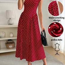 Women's Polka Dot Pattern Round Neck Cap Sleeve Elegant Mid-Length Dress Polka Dots Long Dress Women Dress Long Dress Black Dot Dress Dress Outfit - Rojo - Ver 10