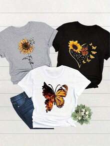 Conjunto de una pieza de camisetas de manga corta y cuello redondo para mujer, estampadas con girasoles, mariposas y letras. - Blanco - Ver 1