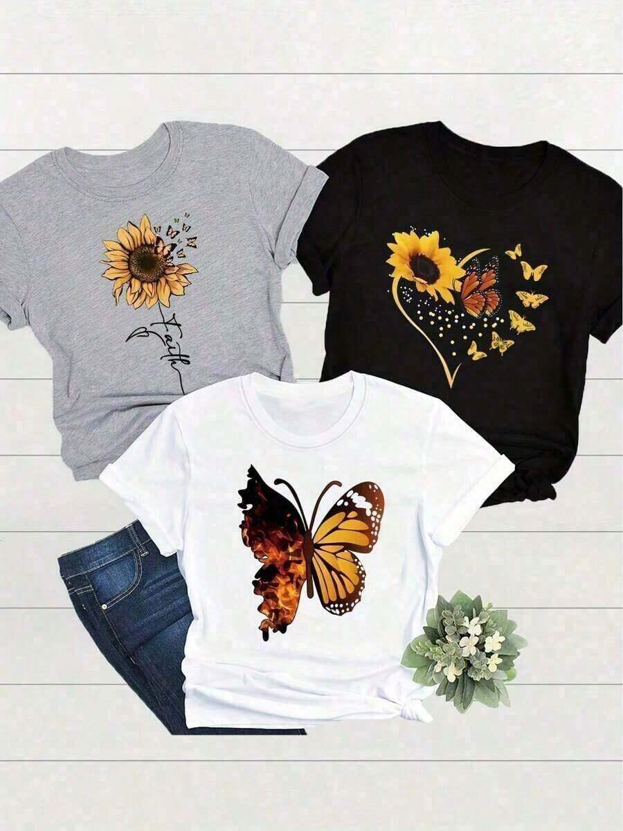 Conjunto de una pieza de camisetas de manga corta y cuello redondo para mujer, estampadas con girasoles, mariposas y letras. - Blanco - Ver 1