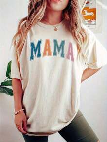 Camiseta de manga corta de talla grande para mujer, camiseta estampada para el Día de la Madre, camiseta estampada de moda europea y americana para mujer, 100% algodón. - Albaricoque - Ver 6