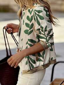 Chaqueta de béisbol estampada, con bolsillos, casual y cómoda para vacaciones, con parches de lámina, ligera tipo bomber, para mujer, talla grande vendida en primavera/verano - Verde - Ver 3