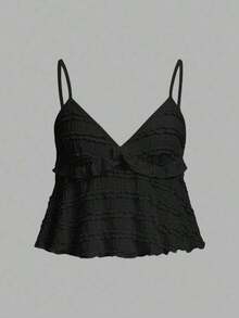 Blusa de tirantes de mujer con volantes de tela texturizada de unicolor para el verano y vacaciones - Negro - Ver 5
