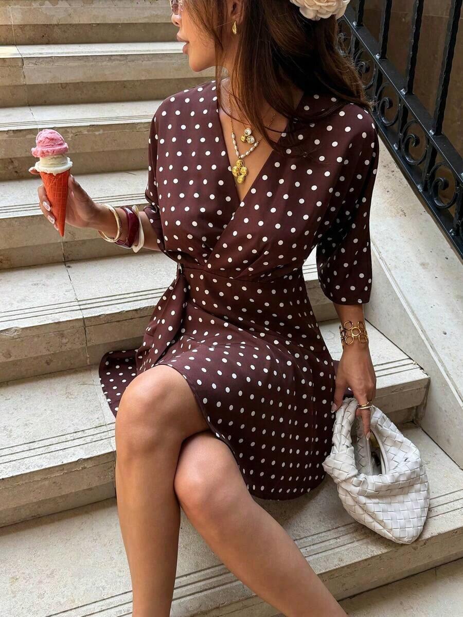 Vestido corto casual y de viaje con cuello en V y estampado de cuadros para mujer - Marrón - Ver 1