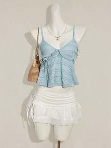Blusa de tirantes de mujer con volantes de tela texturizada de unicolor para el verano y vacaciones - Azul - Ver 9