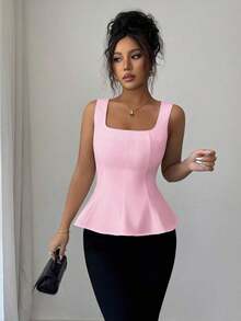 Blusa elegante de cuello cuadrado sin mangas para mujer, adecuada para la oficina, el transporte, el té de la tarde, las fiestas, las vacaciones y ocasiones casuales - Rosa - Ver 4