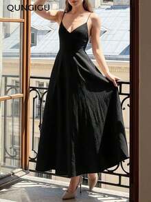 Vestido midi elegante de mujer con cuello en V, vestido de tirantes de mezcla de lino con corte evasé y espalda descubierta, adecuado para vacaciones, playa, boda, fiesta de cóctel - Negro - Ver 4