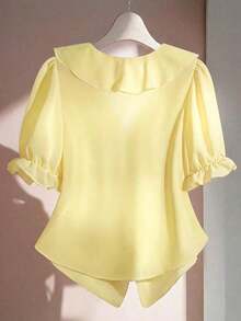 Blusa casual con cuello en V, mangas con volantes y pétalos - Amarillo - Ver 2