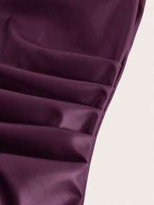 Camiseta ajustada con pliegues y estampado a cuadros para mujer, adecuada para uso diario, trabajo y viajes en verano - Morado - Ver 4