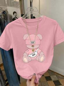 Camiseta de cuello redondo casual de mujer con estampado de oso y letras en relieve, para verano - Rosa Pálido - Ver 6