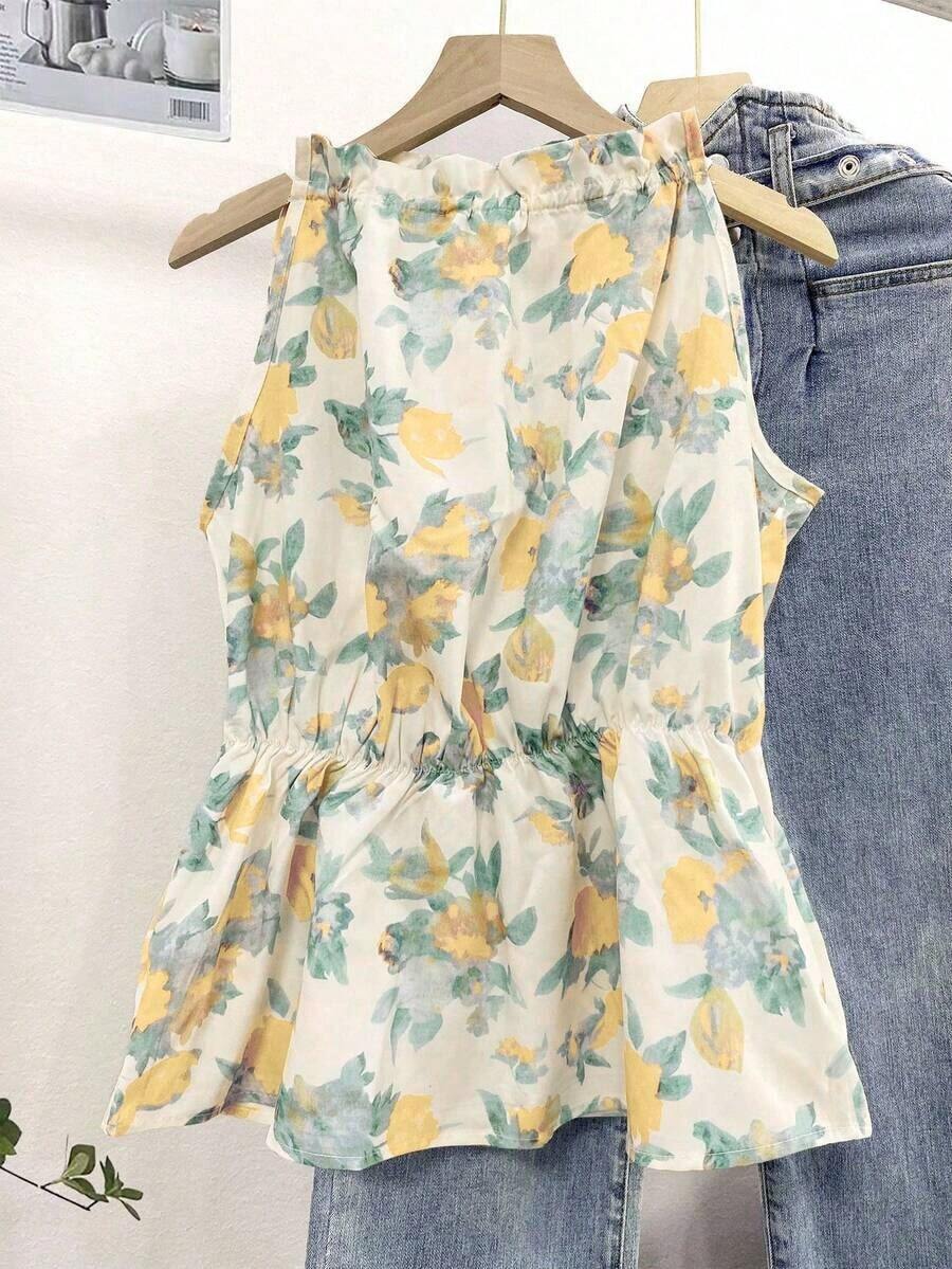 Blusa casual versátil de uso diario con estampado floral y pliegues para mujer - Amarillo - Ver 1