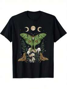 Camiseta para hombre con estética fairy grunge, fairycore y gótica, con diseños de mariposa lunar y hongo. - Negro - Ver 1