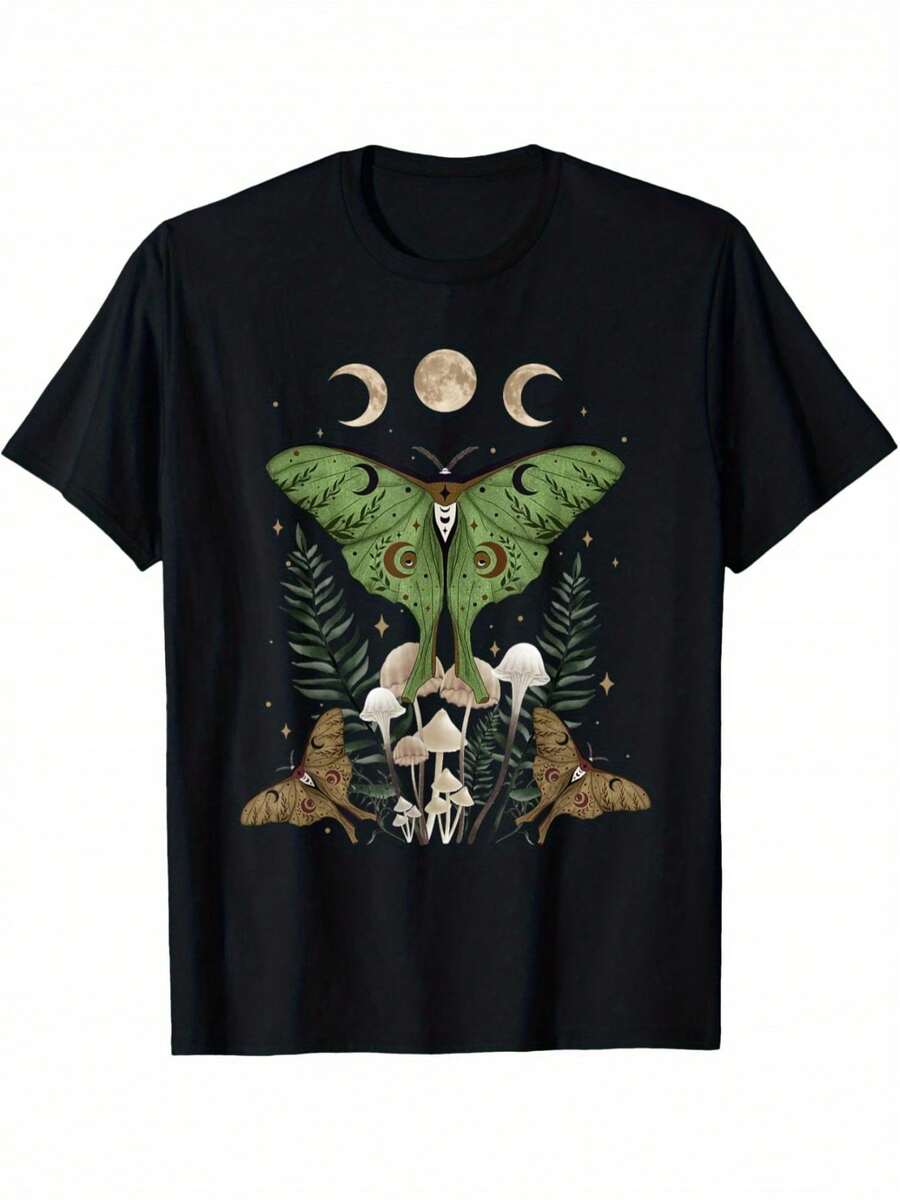 Camiseta para hombre con estética fairy grunge, fairycore y gótica, con diseños de mariposa lunar y hongo. - Negro - Ver 1