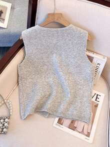 1 pieza Chaleco de punto de mujer minimalista de unicolor con botón de metal suave, parte superior casual versátil, suéter de moda de cuello redondo - Gris Claro - Ver 2