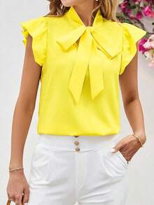 Blusa con lazo elegante para mujer, versátil para el trabajo y el uso casual, verano - Amarillo 2 - Ver 4