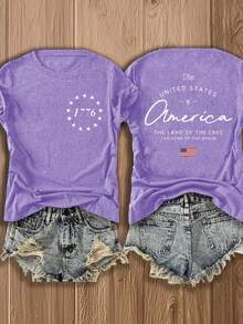 Women's Short-Sleeved Crew Neck T-Shirt, European And American Style, Lightweight And Breathable, With An American-Inspired Design Featuring 1776 Motifs And The National Flag, Suitable For Casual Autumn Wear, A Fashionable And Comfortable Printed Blouse, Versatile And Urban Style - Breathable And Skin-Friendly. - 深綠色 - 查看 9