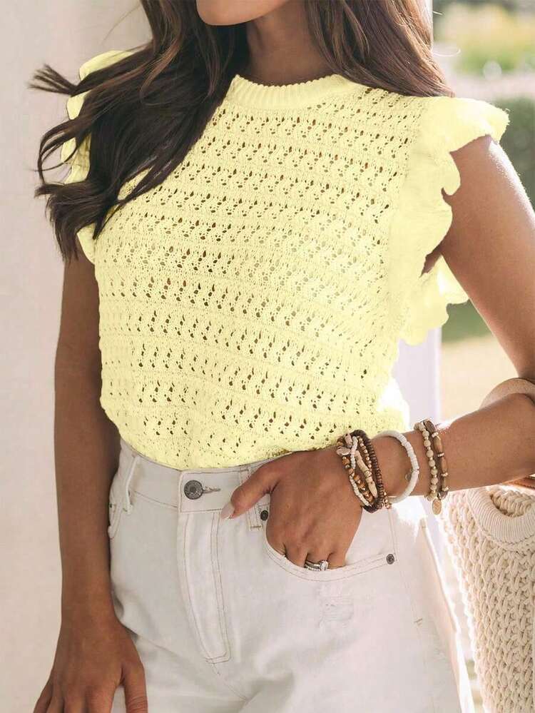 Blusa de mujer de punto a rayas sin mangas, blusa ligera de cuello redondo con volante en el bajo de manga corta, color negro - Amarillo - Añade 1