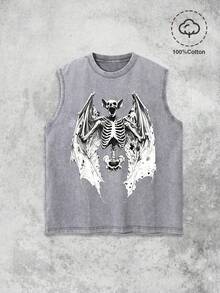 Gothic Bat Skeleton Wings Graphic Washed Sleeveless Tank Top Men, Retro Distressed  Independence Day Of The United States Punk Streetwear Casual Vest - 灰色 - 查看 1